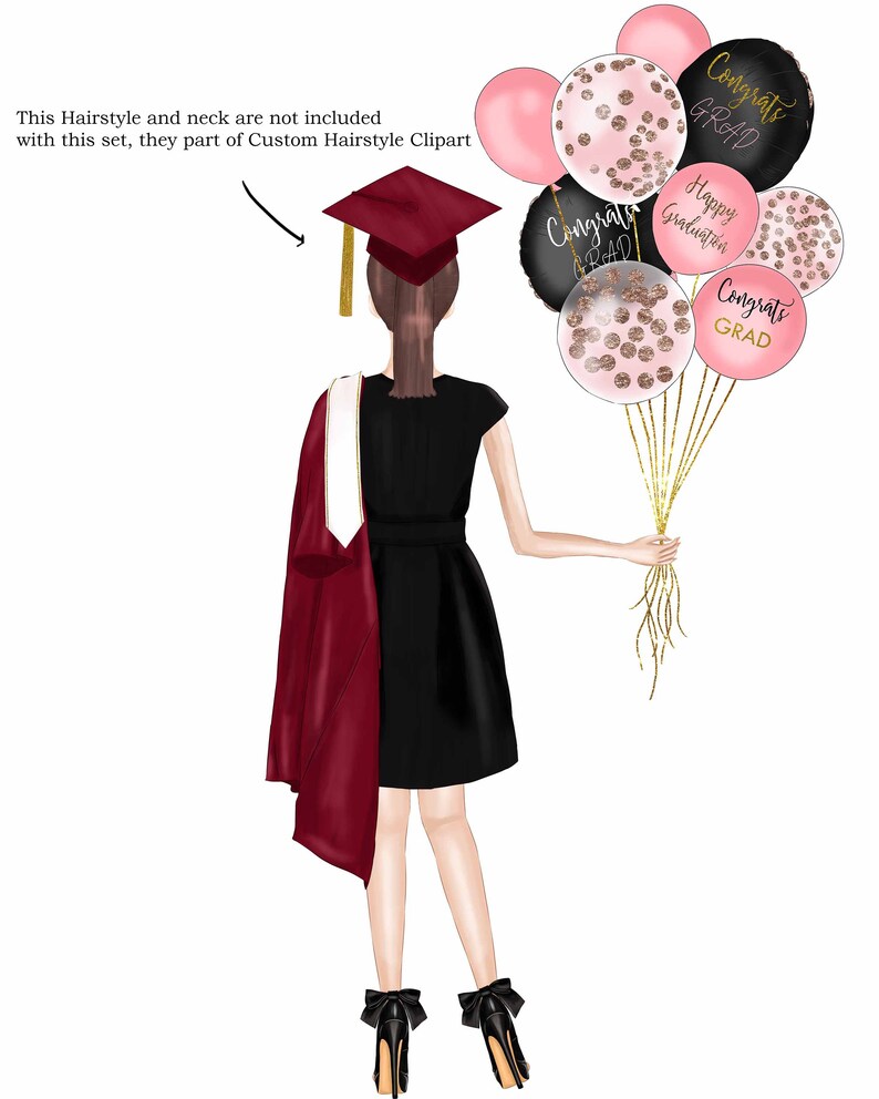 May include: A woman in a black dress and maroon graduation gown holds a bouquet of pink and black balloons with gold glitter and the text "Congrats Grad" and "Happy Graduation".