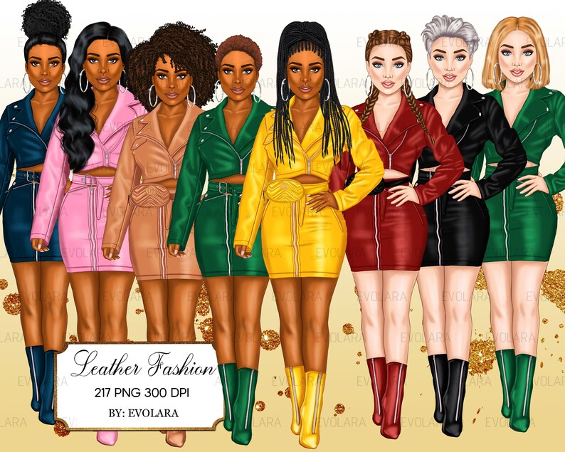 Puede incluir: Siete ilustraciones digitales de mujeres con atuendos de moda de cuero. Las mujeres llevan chaquetas y faldas de cuero de diferentes colores. Los atuendos son en tonos de azul, rosa, marr&oacute;n, verde, amarillo, rojo y negro. Las mujeres llevan todas botas. El texto "Leather Fashion 217 PNG 300 DPI BY: EVOLARA" est&aacute; en la parte inferior de la imagen.