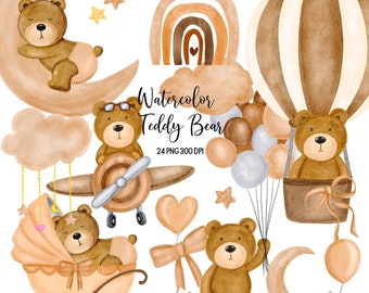 watercolor teddy bear clipart, baby bear clipart, baby boy, baby shower, nursery decor, teddy bear png, cute teddy bear, baby girl