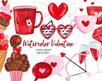 May include: Watercolor Valentine's Day clipart set featuring hearts, a coffee mug with the word "LOVE", a cupcake, an ice cream cone, a diamond ring, a bow and arrow, and glasses with hearts. The set is perfect for creating Valentine's Day cards, invitations, and other crafts.