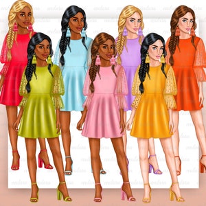 Puede incluir: Siete ilustraciones digitales de mujeres con vestidos de diferentes colores con lunares y mangas transparentes. Cada mujer tiene el pelo largo y negro en trenza y lleva grandes pendientes de borla.