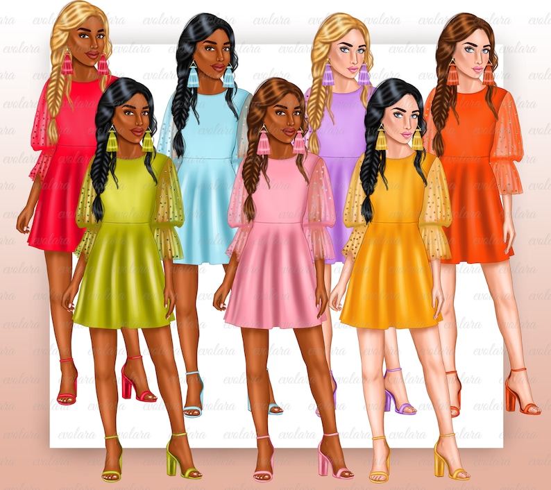 Puede incluir: Siete ilustraciones digitales de mujeres con vestidos de diferentes colores con lunares y mangas transparentes. Cada mujer tiene el pelo largo y negro en trenza y lleva grandes pendientes de borla.