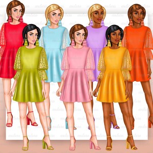 Puede incluir: Seis mujeres con vestidos de diferentes colores con mangas transparentes y lunares. Los vestidos son todos de largo hasta la rodilla y tienen un corpi&ntilde;o ajustado. Las mujeres llevan tacones altos y tienen el pelo peinado de diferentes maneras.