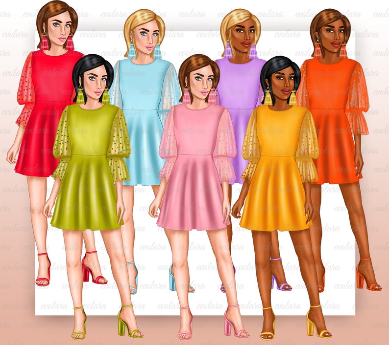 Puede incluir: Seis mujeres con vestidos de diferentes colores con mangas transparentes y lunares. Los vestidos son todos de largo hasta la rodilla y tienen un corpi&ntilde;o ajustado. Las mujeres llevan tacones altos y tienen el pelo peinado de diferentes maneras.