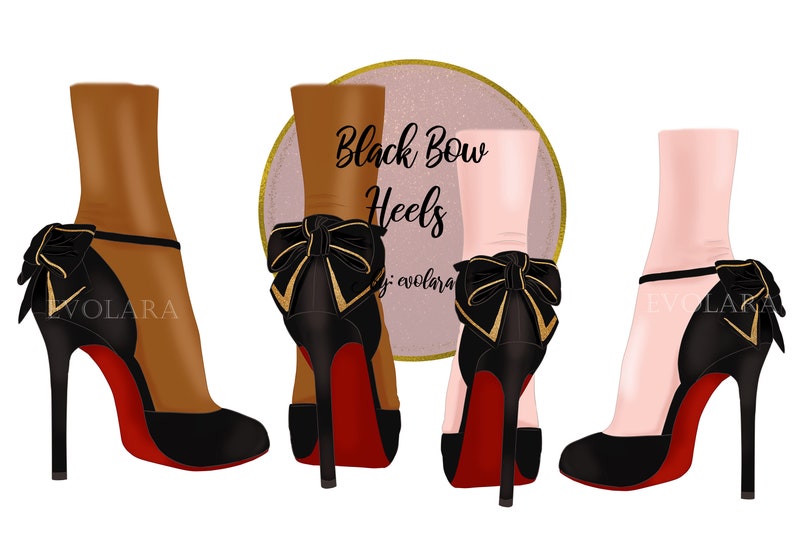 May include: Three pairs of black high heel shoes with a large black bow on the front of each shoe. The heels are red and the shoes have a gold trim on the bow. The text "Black Bow Heels" is written on a pink circle behind the shoes.