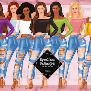 Ripped Jeans Moda Chicas Clipart Afroamericano Afroamericano Clipart Curvy Girl Clipart Moda Ilustraciones Blue Jeans Denim Chica Clipart Afro Chica