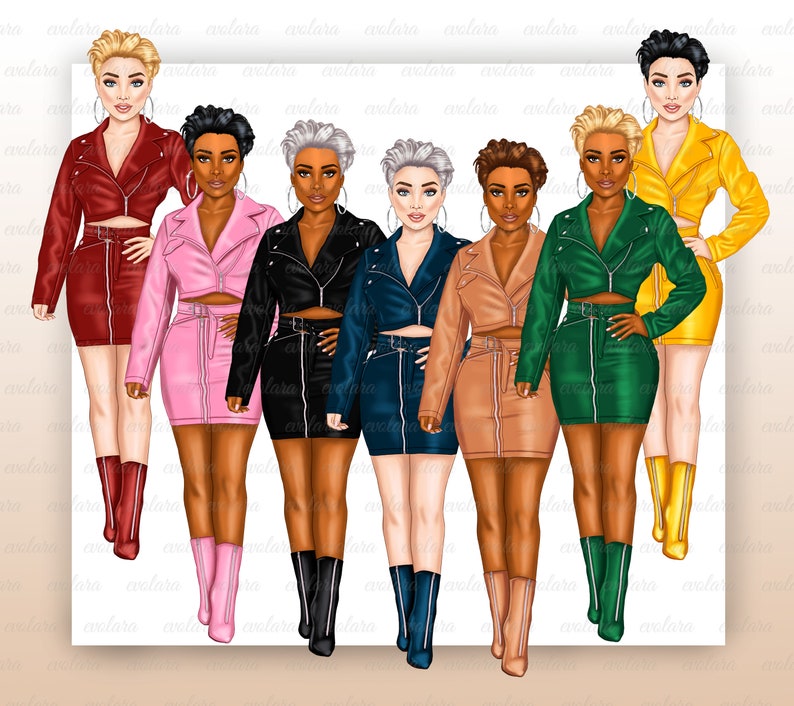 Puede incluir: Siete mujeres con chaquetas y faldas de cuero de diferentes colores. Las chaquetas son todas cortas y tienen cierre de cremallera. Las faldas son todas minifaldas. Las mujeres llevan botas de diferentes colores.