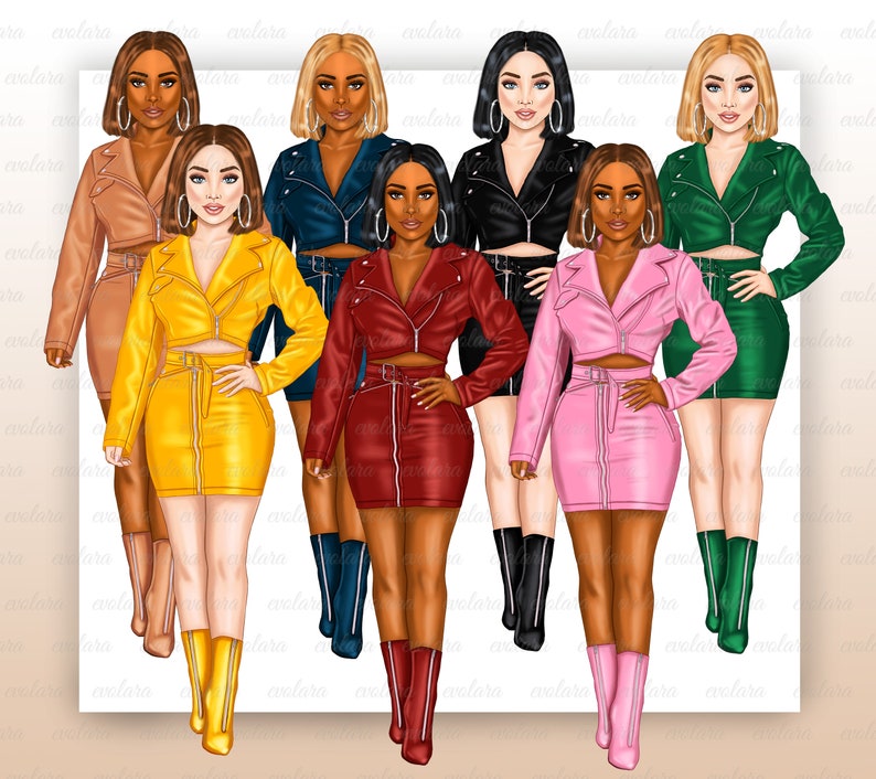 Puede incluir: Siete ilustraciones de mujeres con chaquetas de cuero y faldas de diferentes colores, incluyendo marr&oacute;n, amarillo, rojo, negro, rosa, azul y verde. Cada mujer lleva un atuendo de un color diferente y tiene un peinado diferente.