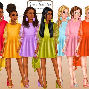 Puede incluir: Cinco ilustraciones digitales de mujeres con vestidos de verano de mangas transparentes y bolsos de mano. Los vestidos son de varios colores, incluyendo rojo, naranja, morado, verde y azul. Las mujeres llevan tacones altos y tienen el pelo largo.