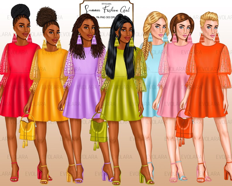Puede incluir: Cinco ilustraciones digitales de mujeres con vestidos de verano de mangas transparentes y bolsos de mano. Los vestidos son de varios colores, incluyendo rojo, naranja, morado, verde y azul. Las mujeres llevan tacones altos y tienen el pelo largo.