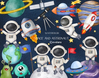 Watercolor Space Clipart, Watercolor Astronaut, Space Clipart, Nursery, Planets Clipart, Watercolor Rocket, Rocketship, Nursery boy girl