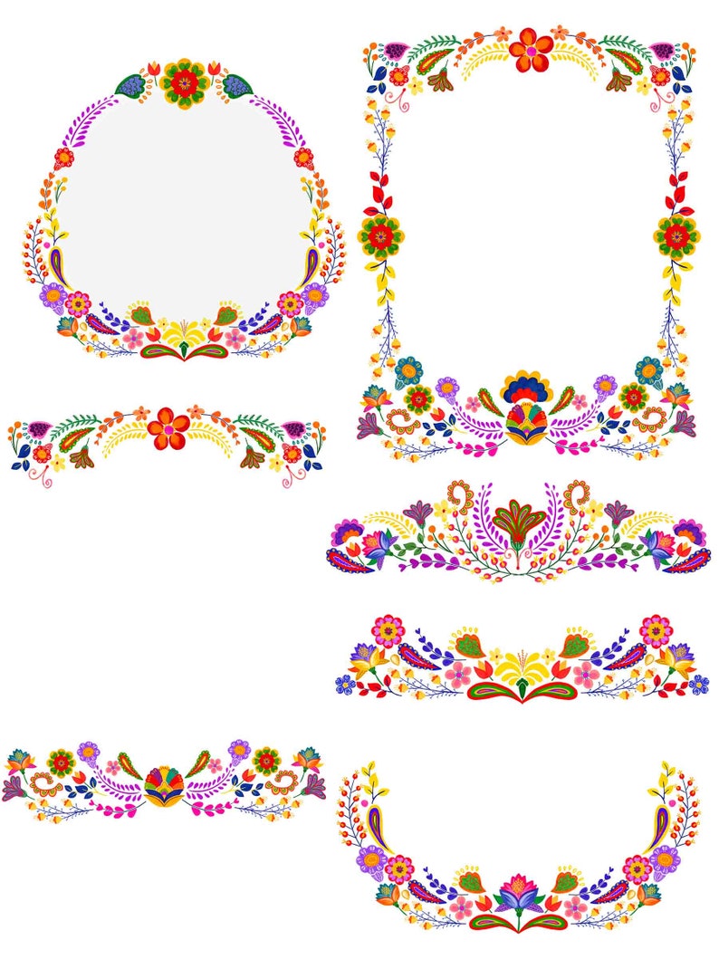 Peut inclure: Un ensemble de cinq bordures florales color&eacute;es avec une vari&eacute;t&eacute; de fleurs, de feuilles et de volutes. Les bordures sont parfaites pour ajouter une touche de fantaisie &agrave; tout projet.