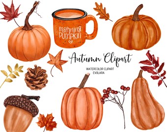 Aquarel Pompoen Clipart, Thanksgiving Clipart, Aquarel Herfst Clipart, Dennenappel, Aquarel Herfst Bladeren, Herfst Favoriete Clipart