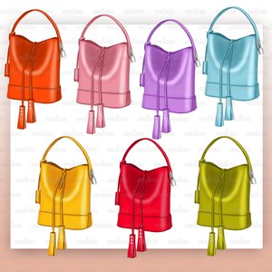 Puede incluir: Conjunto de diez bolsos de cuero de colores con forma de cubo y cierre de cord&oacute;n. Cada bolso tiene un cierre de metal dorado y un borla.