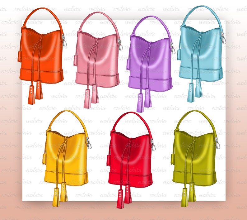Puede incluir: Conjunto de diez bolsos de cuero de colores con forma de cubo y cierre de cord&oacute;n. Cada bolso tiene un cierre de metal dorado y un borla.