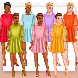 Puede incluir: Seis mujeres con vestidos de diferentes colores con lunares y mangas transparentes. Los vestidos son todos de largo hasta la rodilla y tienen un corpi&ntilde;o ajustado y una falda acampanada. Las mujeres llevan tacones altos.