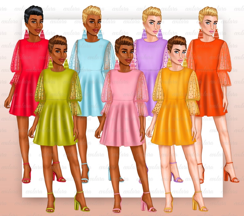 Puede incluir: Seis mujeres con vestidos de diferentes colores con lunares y mangas transparentes. Los vestidos son todos de largo hasta la rodilla y tienen un corpi&ntilde;o ajustado y una falda acampanada. Las mujeres llevan tacones altos.