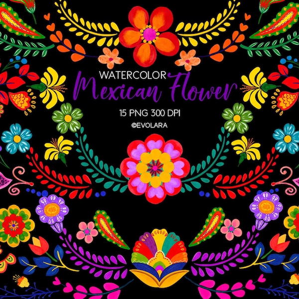 Fiesta Clipart, Mexican flowers clipart, Watercolors mexican floral clipart, Fiesta Png, Mexican party clipart, Cinco de mayo clipart