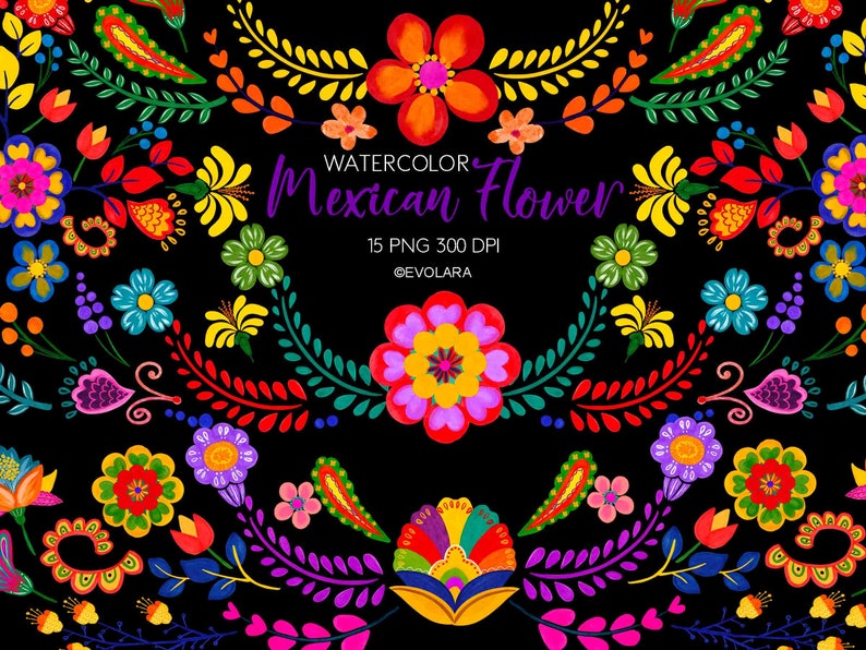 Peut inclure: Illustration aquarelle d'une bordure de fleurs mexicaines color&eacute;es avec des fleurs rouges, jaunes, vertes, bleues, violettes et roses. Le texte "WATERCOLOR Mexican Flower 15 PNG 300 DPI @EVOLARA" est au centre de l'image.