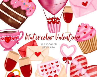 May include: Watercolor Valentine's Day clipart set featuring a heart-shaped hot air balloon, a cupcake, a cake, a love letter, a heart-shaped lollipop, a gift box, a cup of coffee, a wine glass, a lock and key, and a card with hearts. 12 PNG 300 DPI @EVOLARA