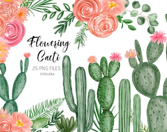 watercolor cactus clipart, floral cacti clipart, succulent, cacti plant, botanical greenery, cactus bloom clipart, watercolor cactus plant
