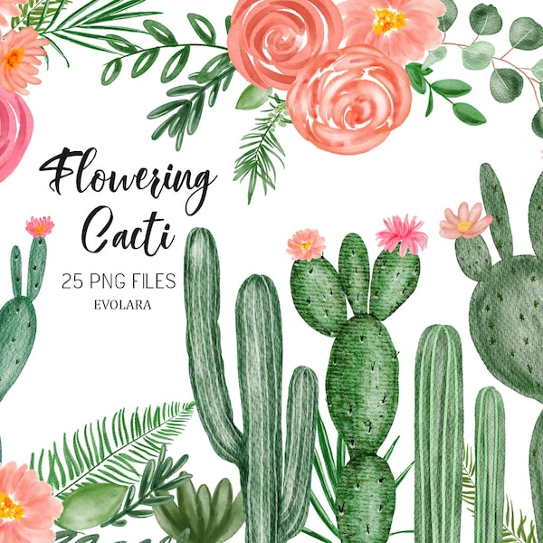 watercolor cactus clipart, floral cacti clipart, succulent, cacti plant, botanical greenery, cactus bloom clipart, watercolor cactus plant