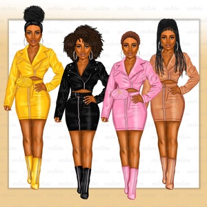 Puede incluir: Cuatro ilustraciones digitales de mujeres con chaquetas y faldas de cuero de diferentes colores. Las mujeres tienen la piel oscura y llevan diferentes peinados. Las chaquetas tienen cremalleras y las faldas son minifaldas.