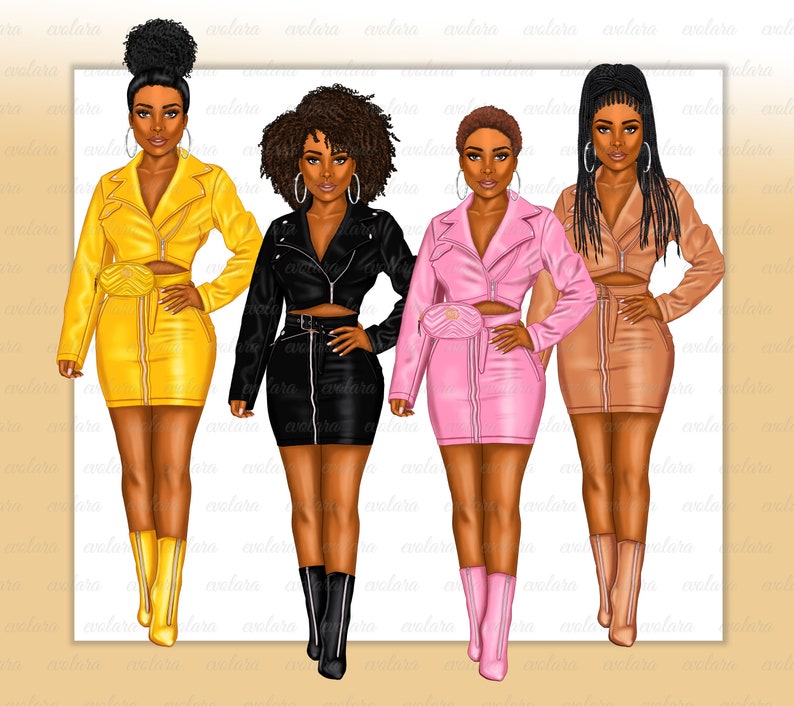 Puede incluir: Cuatro ilustraciones digitales de mujeres con chaquetas y faldas de cuero de diferentes colores. Las mujeres tienen la piel oscura y llevan diferentes peinados. Las chaquetas tienen cremalleras y las faldas son minifaldas.