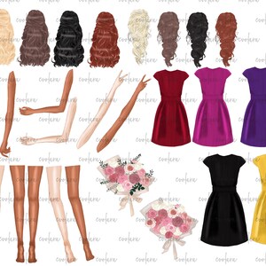 May include: Digital illustration set of various hair styles, arms, legs, and dresses in different colors. The dresses include red, pink, purple, black, and yellow.