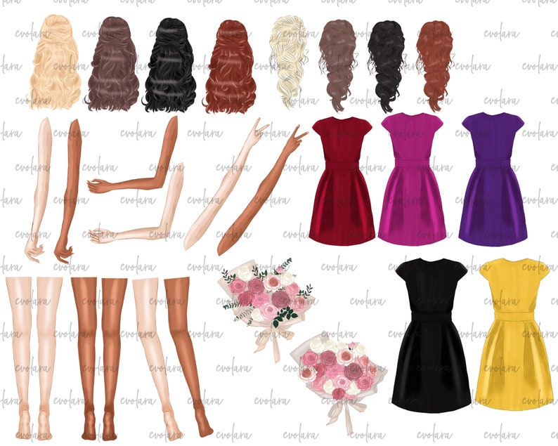 May include: Digital illustration set of various hair styles, arms, legs, and dresses in different colors. The dresses include red, pink, purple, black, and yellow.
