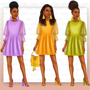 Puede incluir: Tres mujeres con vestidos de diferentes colores con mangas de tul con lunares. Los vestidos son de color morado claro, amarillo y verde. Cada mujer lleva un par de tacones altos y tiene el pelo largo y oscuro. Una mujer lleva un bolso amarillo.