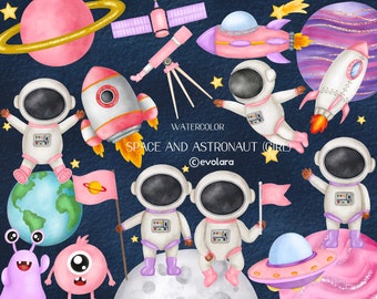 Watercolor Space Clipart, Watercolor Astronaut, Space Clipart, Nursery, Planets Clipart, Watercolor Rocket, Rocketship, Nursery boy girl