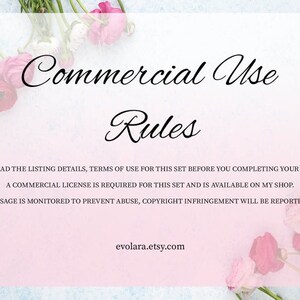 Puede incluir: Un fondo rosa y azul con flores blancas y texto que dice "Commercial Use Rules". El texto debajo dice "Por favor, lea los detalles de la lista, los t&eacute;rminos de uso de este conjunto antes de completar su compra. Se requiere una licencia comercial para este conjunto y est&aacute; disponible en mi tienda. El uso se monitorea para evitar abusos, la infracci&oacute;n de derechos de autor ser&aacute; denunciada. evolara.etsy.com"