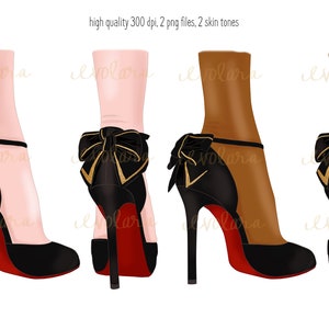 May include: Two pairs of high-heeled shoes with black satin uppers, red soles, and gold bows. The shoes are shown in two different skin tones.