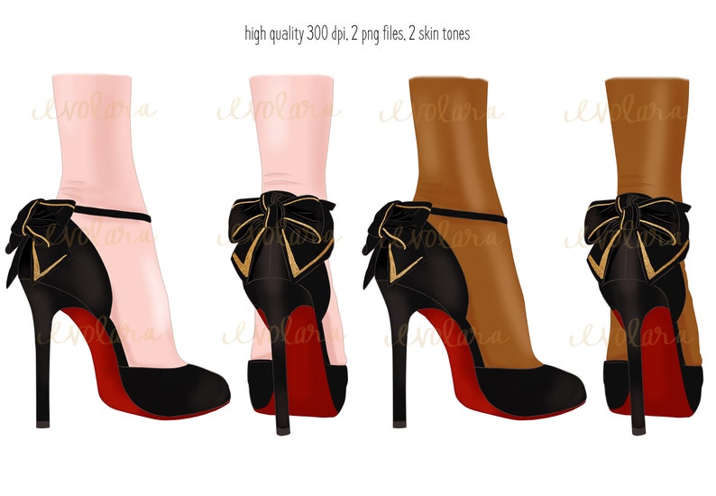 May include: Two pairs of high-heeled shoes with black satin uppers, red soles, and gold bows. The shoes are shown in two different skin tones.