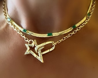 Collar de oro con estrella, colgante de estrella con diamantes pavé, collar de capas de espiga de esmeralda, joyería celestial