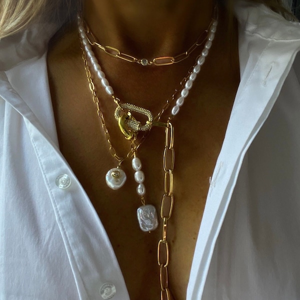 Collier de perles en or, collier de breloques mousqueton en or, collier lariat de perles