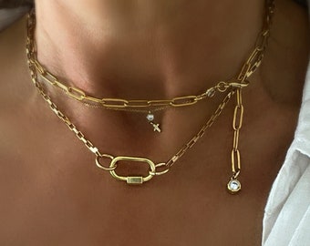 Gold carabiner hexagon necklace