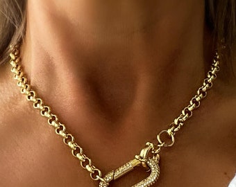 Gold Chunky Chain Necklace with Pave Carabiner Clasp, Statement  Choker, Bold Link Necklace