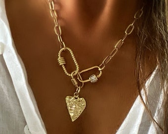 L'amour necklace, love charm necklace, gold heart necklace, carabiner clasp necklace