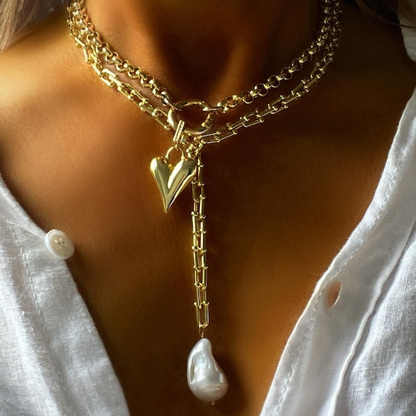 Collar de corazón inflado, collar de corazón, collar de corazón de oro, collar con dije de corazón