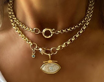 Gold Belcher Chain Evil Eye  Necklace, Protection Jewelry