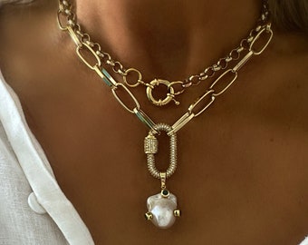 Gold Pearl Carabiner Necklace: CZ Embellished, 18k Gold Plated