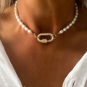 Gold carabiner clasp, pearl choker, Freshwater pearl necklace,Pearl necklace,Pearl choker,Gold screw clasp necklace