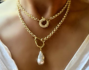Baroque Pearl Rolo Chain Necklace: 18K Gold Plated