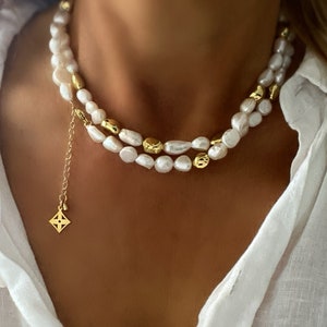Pearl Necklace with Gold Nugget Beads, Elegant layered choker, Handmade Luxury Jewelry