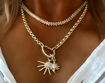 Gold Starburst Charm Necklace: CZ Teardrop Clasp, 18k Plated