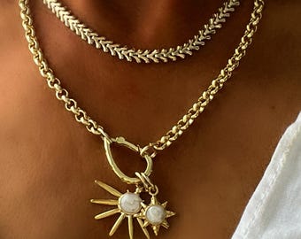 Gold Starburst Charm Necklace, Belcher Chain Necklace with Pave Clasp, Celestial Layering Jewelry