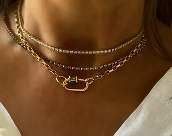 Carabiner lock necklace, gold carabiner necklace, rainbow baguette necklace,small carabiner lock,locket necklace,gold lock necklace,24K