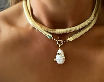 Gold Herringbone Chain Necklace: Baroque Pearl CZ Pendant